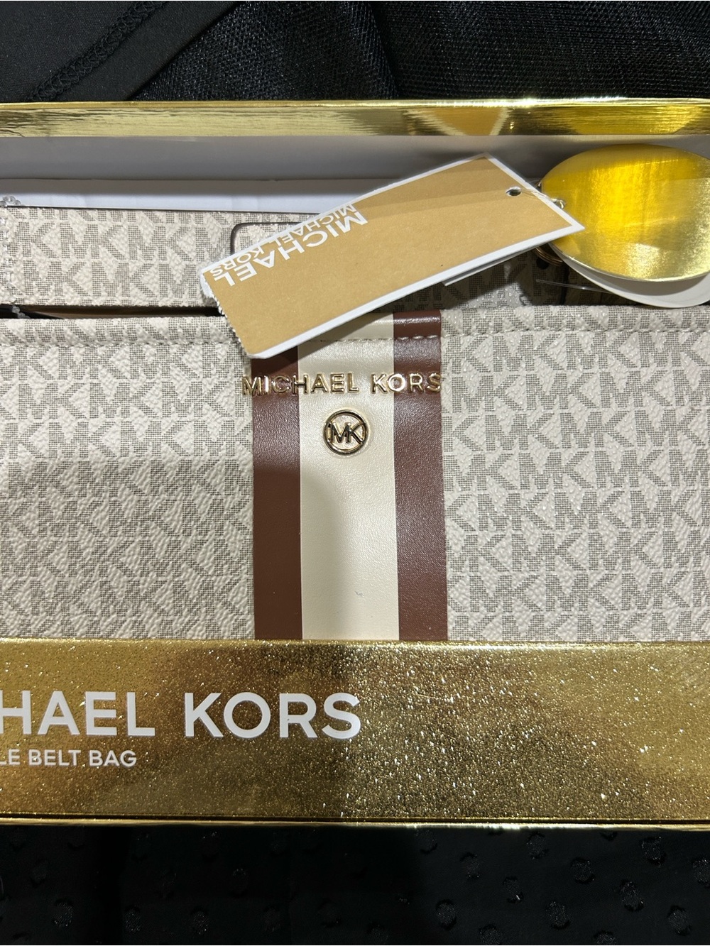 Michael Kors Beige Logo Belt Bag with Brown and Cream Center Stripe